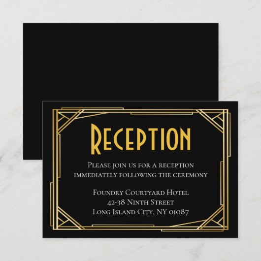 Invitation Réception de mariage Art Déco noir et or Gatsby le (Devant / Derrière)