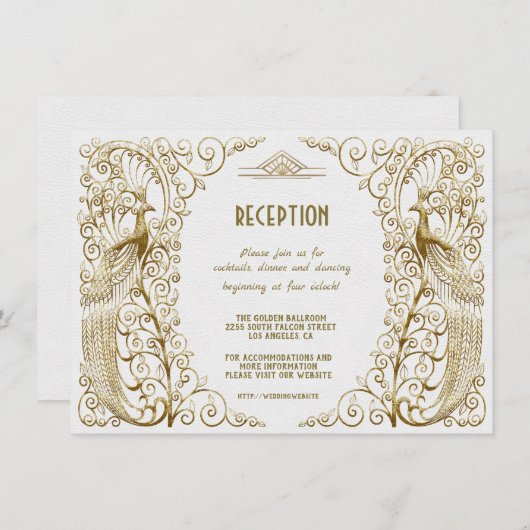 Invitation Réception de mariage Art Déco Paon Blanc Doré (Devant / Derrière)