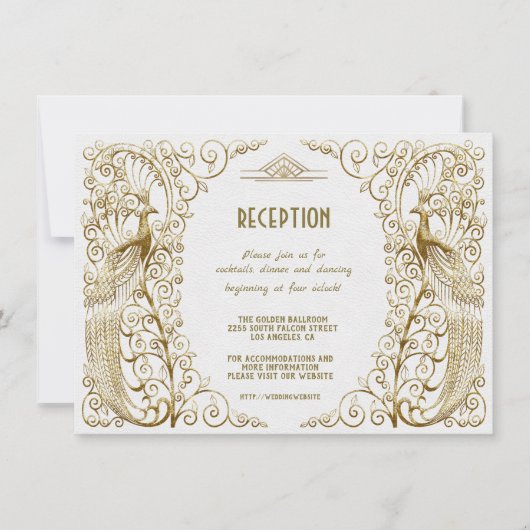 Invitation Réception de mariage Art Déco Paon Blanc Doré (Devant)
