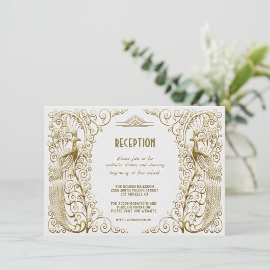 Invitation Réception de mariage Art Déco Paon Blanc Glamour O (Debout devant)