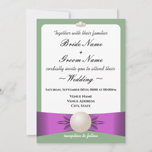 Invitation Réception de mariage au ruban perlé lilas et sauge (Devant)