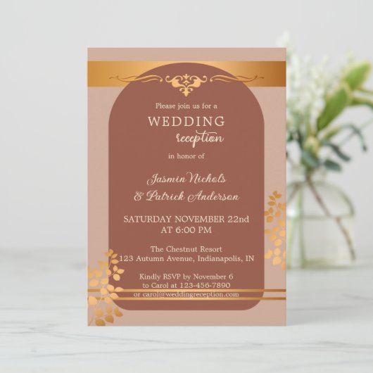 Invitation Réception de mariage automnal en terre cuite et cu (Debout devant)