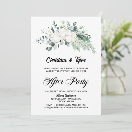 Invitation Réception de mariage aux fleurs de coton et eucaly (Debout devant)