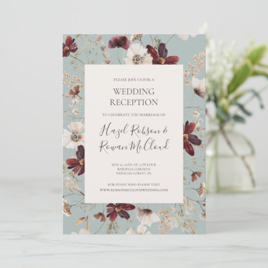 Invitation Réception de mariage aux fleurs sauvages sarcelle  (Debout devant)