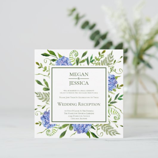 Invitation Réception de mariage aux hortensias bleus (Debout devant)