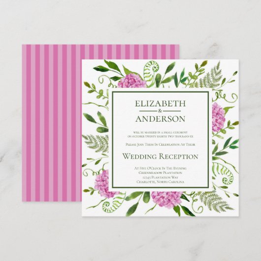 Invitation Réception de mariage aux hortensias roses (Devant / Derrière)