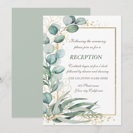 Invitation Réception de mariage avec cadre doré et verdure d' (Devant / Derrière)