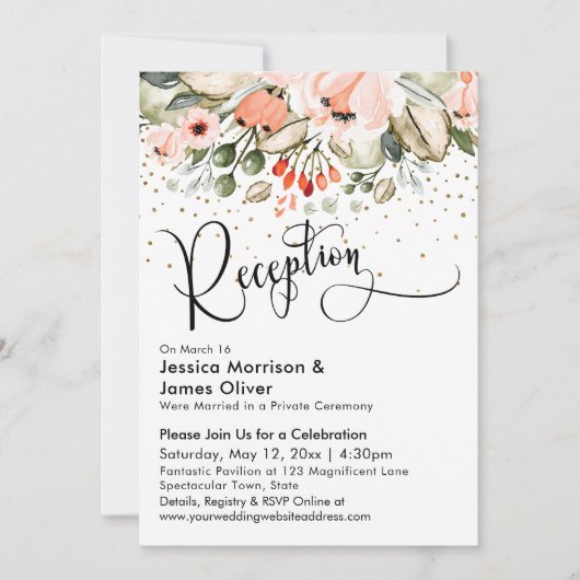 Invitation Réception de mariage avec confettis dorés et fleur (Devant)