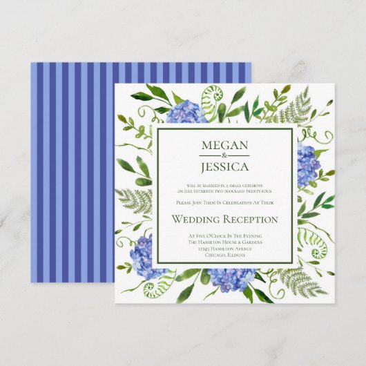 Invitation Réception de mariage avec des hortensias bleus (Devant / Derrière)