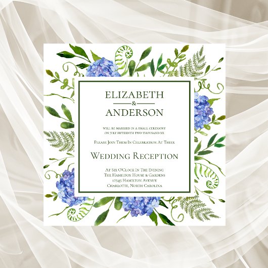 Invitation Réception de mariage avec des hortensias bleus