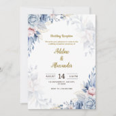 Invitation Réception de mariage avec fleurs bleues et dorées (Devant)