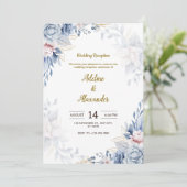 Invitation Réception de mariage avec fleurs bleues et dorées (Debout devant)