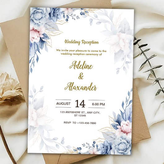 Invitation Réception de mariage avec fleurs bleues et dorées
