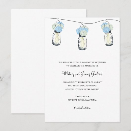 Invitation Réception de mariage avec Hydrangea et pot Mason (Devant / Derrière)