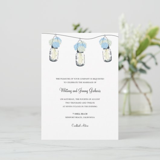 Invitation Réception de mariage avec Hydrangea et pot Mason (Debout devant)