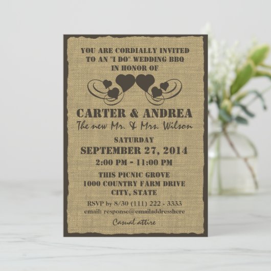 Invitation Réception de mariage BBQ Hearts and Burlap (Debout devant)