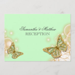 Invitation Réception de mariage beige verte de papillon