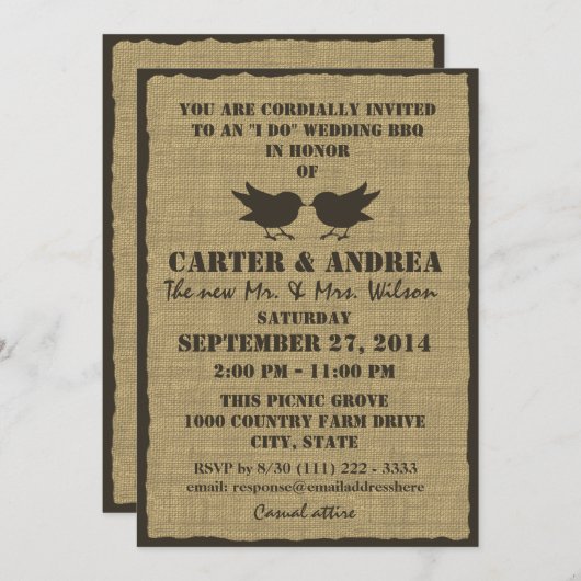 Invitation Réception de mariage Birds and Burlap BBQ (Devant / Derrière)