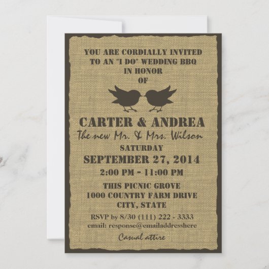 Invitation Réception de mariage Birds and Burlap BBQ (Devant)