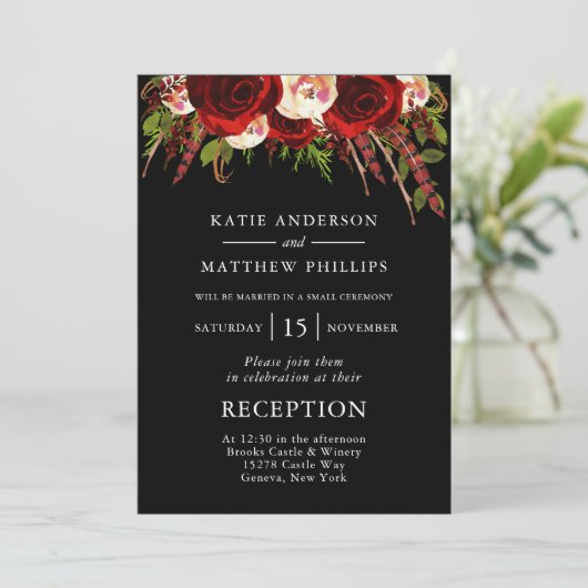 Invitation Réception de mariage Black Red Floral Boho (Debout devant)