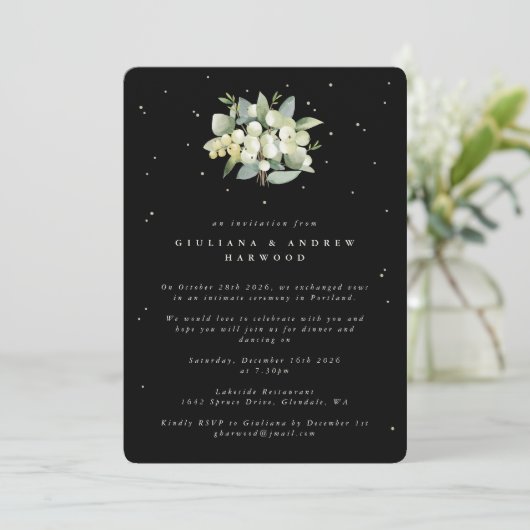 Invitation Réception de mariage Black Snowberry + Eucalyptus (Debout devant)