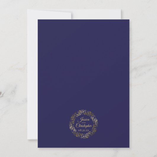 Invitation Réception de mariage bleu marine avec dentelle dor (Dos)