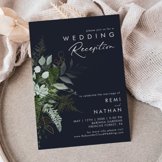 Invitation Réception de mariage bleu marine avec feuillage et