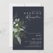 Invitation Réception de mariage bleu marine avec feuillage et (Devant)
