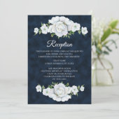 Invitation Réception de mariage bleu marine avec fleurs blanc (Debout devant)