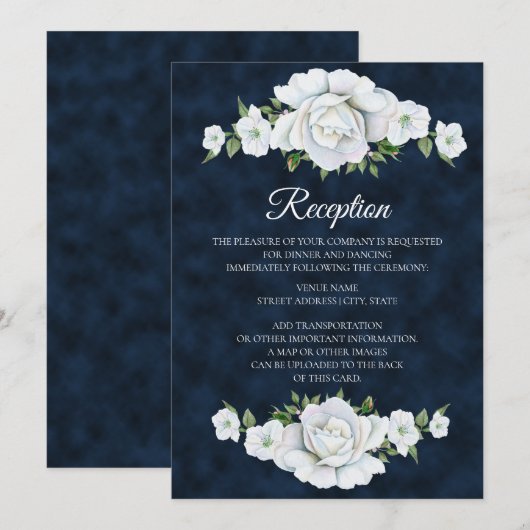 Invitation Réception de mariage bleu marine avec fleurs blanc (Devant / Derrière)