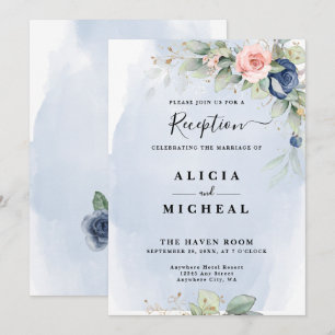Invitation Réception de mariage bleu marine et rose pâle