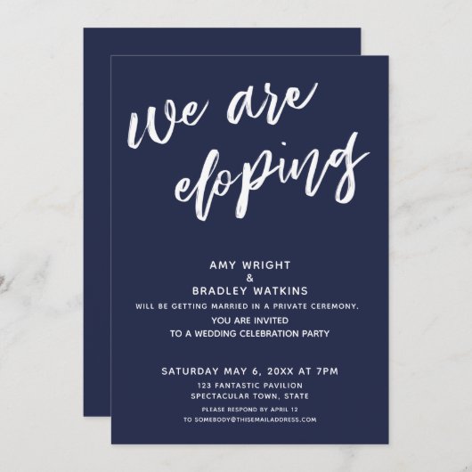 Invitation Réception de mariage bleu marine moderne Nous nous (Devant / Derrière)