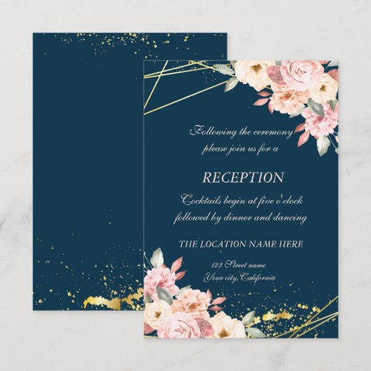 Invitation Réception de mariage Bleu Nuit Floral Doré Rustiqu (Devant / Derrière)