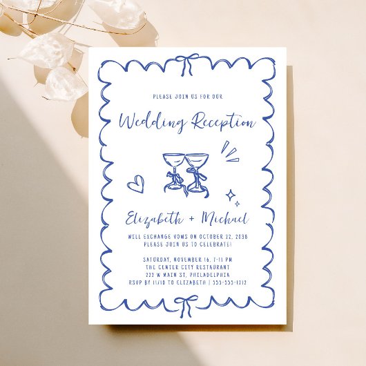 Invitation Réception De Mariage Bleu Tiré À La Main Whimsique