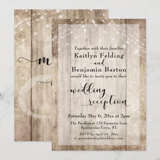 Invitation Réception de mariage Bois rustique et cordes lumin (Devant / Derrière)