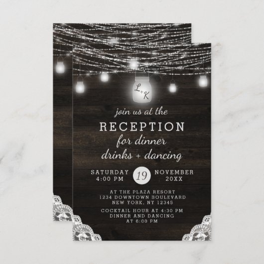 Invitation Réception de mariage Bois Rustique et Dentelle à O (Devant / Derrière)