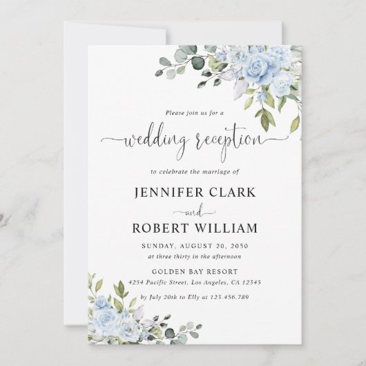Invitation Réception de mariage botanique bleu doux (Devant)
