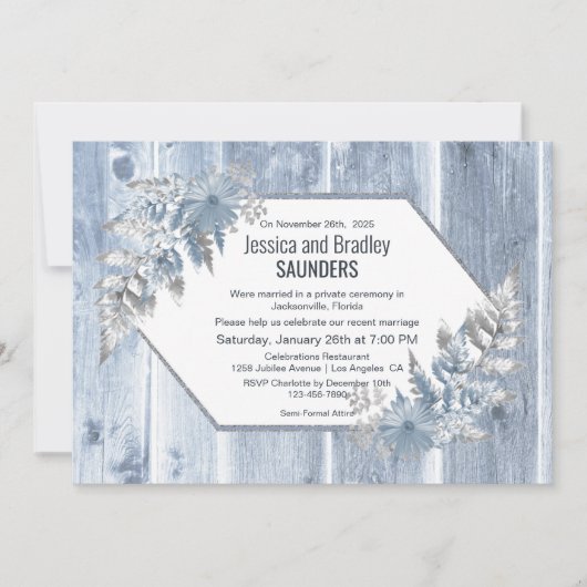 Invitation Réception de mariage botanique en bois bleu poussi (Devant)