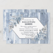 Invitation Réception de mariage botanique en bois bleu poussi (Devant / Derrière)