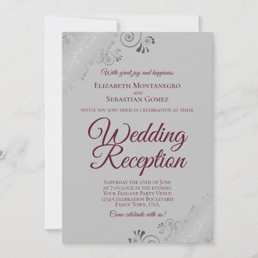 Invitation Réception de mariage Burgundy sur frisures argenté (Devant)