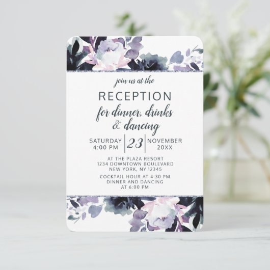 Invitation Réception de mariage Cadre Argent Floral Nocturne (Debout devant)