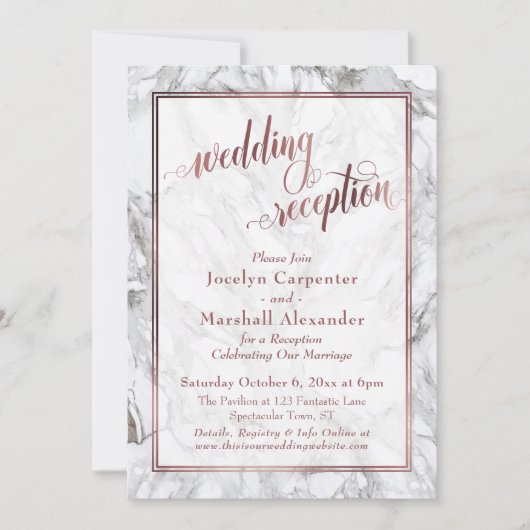 Invitation Réception de mariage calligraphie dorée rose marbr (Devant)