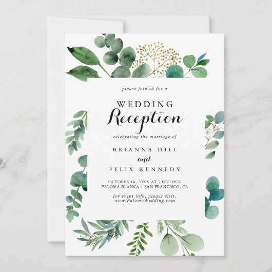 Invitation Réception de mariage calligraphiée avec verdure eu (Devant)