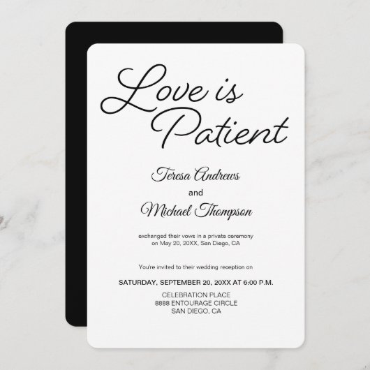 Invitation Réception de mariage Chic Love est Patient (Devant / Derrière)