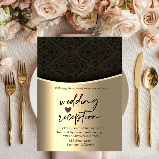 Invitation Réception de mariage chic noir damas or