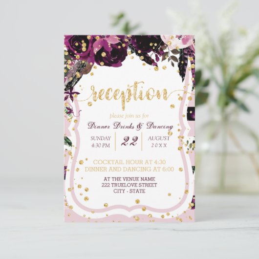 Invitation Réception de mariage chic violet floral confetti d (Debout devant)