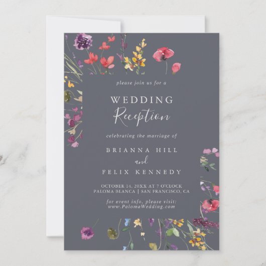 Invitation Réception de mariage classique fleuri bleu sauvage (Devant)