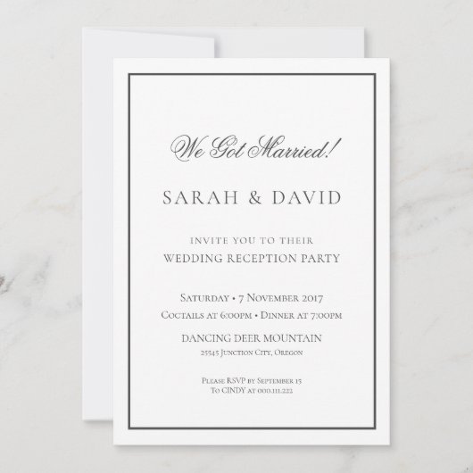 Invitation Réception de mariage classique noir et blanc (Devant)