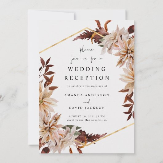 Invitation Réception de mariage d'automne floral Bourgogne Or (Devant)