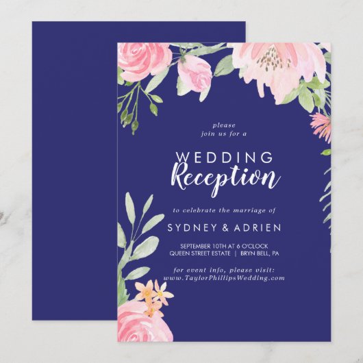 Invitation Réception de mariage de la marine Spring Peony seu (Devant / Derrière)